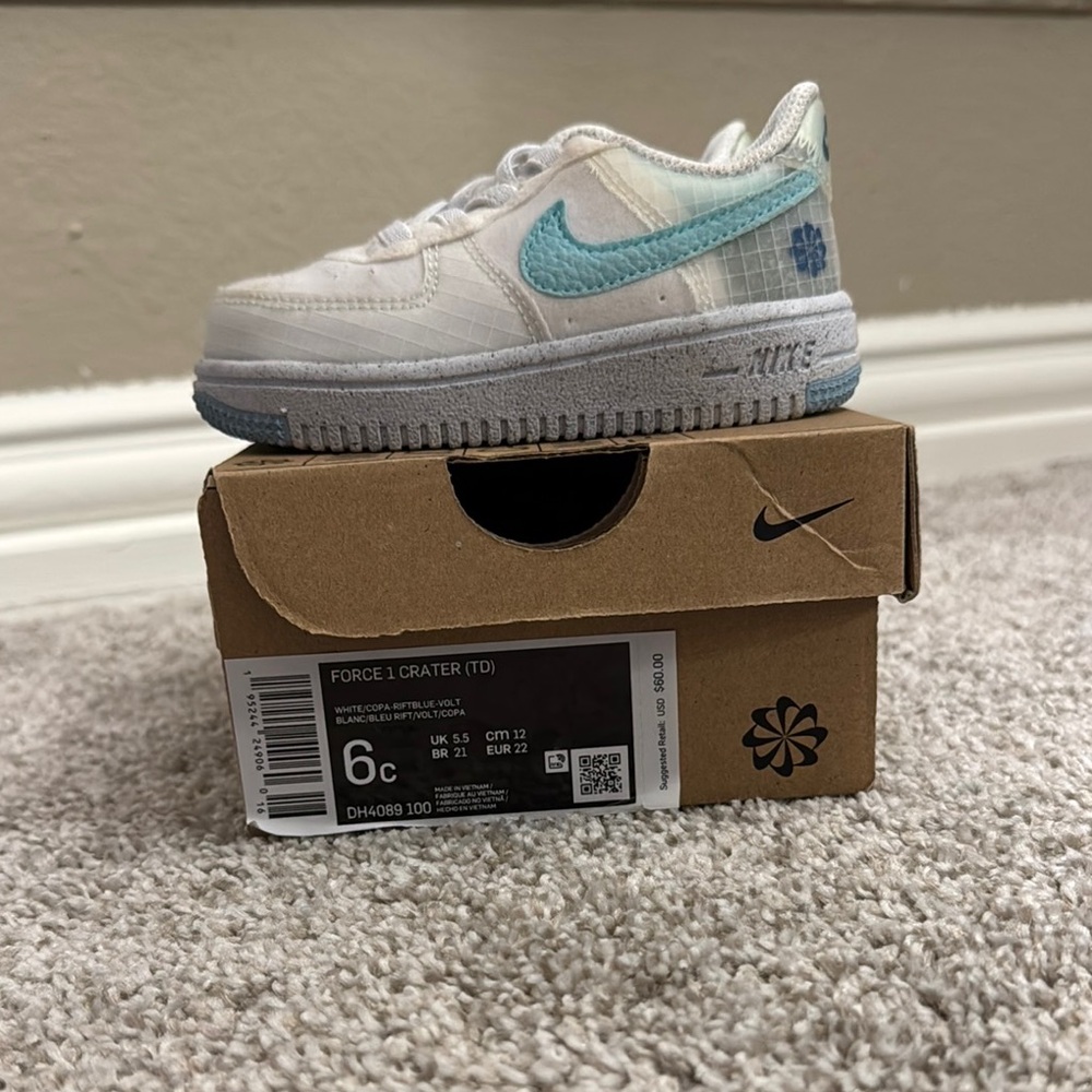 Nike White and Blue Force 1 Crater TD Shoes